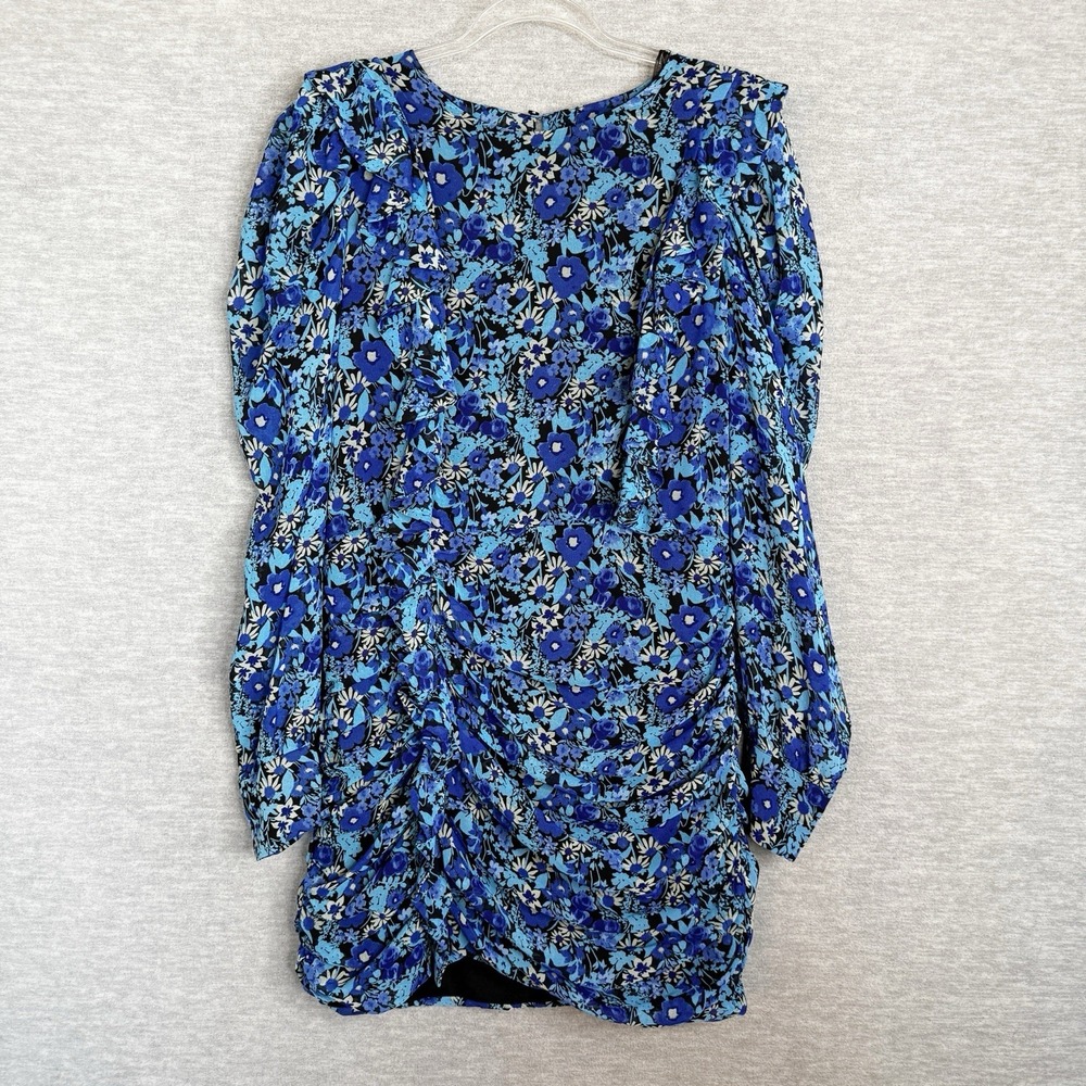 Zara Blue Floral Ruched Ruffle Mini Dress XL Shirred Puff Long Sleeve Womens